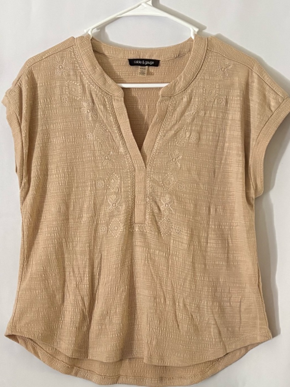 Cable & Gauge Beige Embroidered V-Neck Short Sleeve Blouse